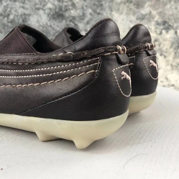 PUMA Women's Size 8 Brown Leather Cream Swirl Stitching Slip On Sneakers Loafers