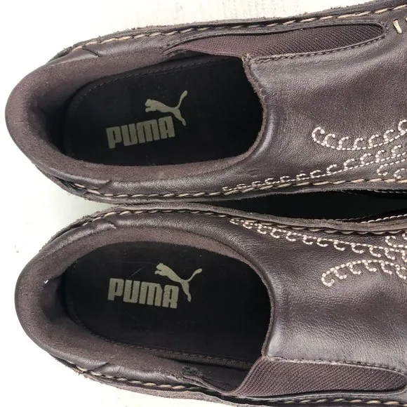 PUMA Women's Size 8 Brown Leather Cream Swirl Stitching Slip On Sneakers Loafers