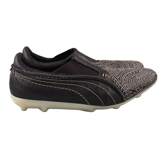 PUMA Women's Size 8 Brown Leather Cream Swirl Stitching Slip On Sneakers Loafers