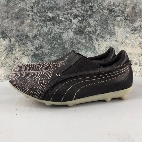 PUMA Women's Size 8 Brown Leather Cream Swirl Stitching Slip On Sneakers Loafers