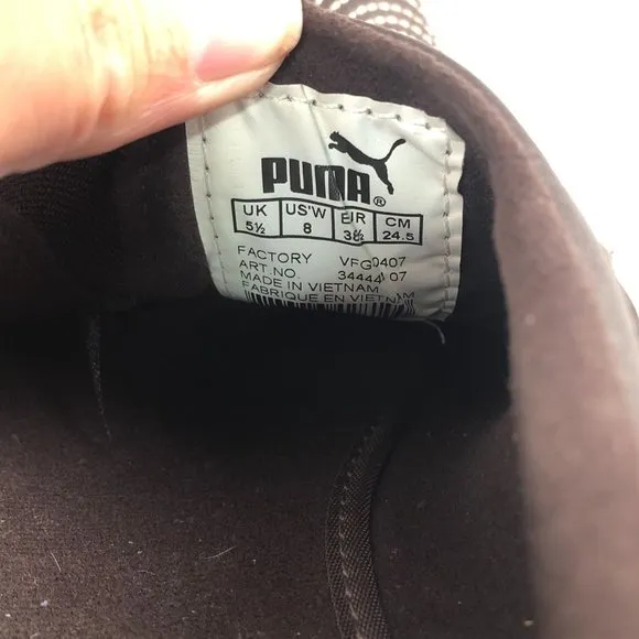 PUMA Women's Size 8 Brown Leather Cream Swirl Stitching Slip On Sneakers Loafers
