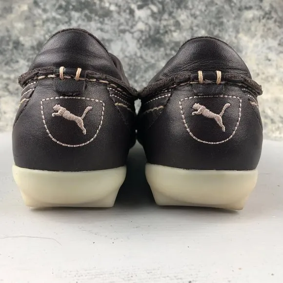 PUMA Women's Size 8 Brown Leather Cream Swirl Stitching Slip On Sneakers Loafers