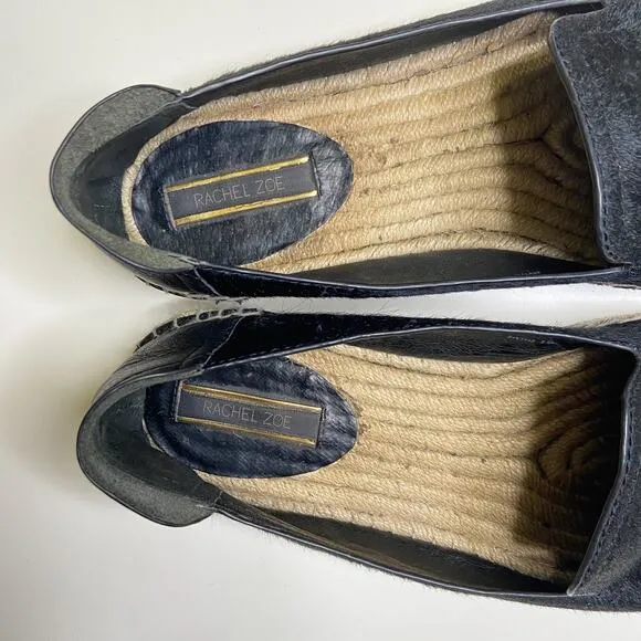 Rachel Zoe Cherry Calf Hair Espadrille Flats Sz 8.5 Black Leather Slip Ons‎