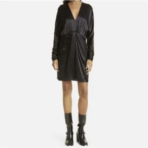 rag &amp; bone  Black Silk Satin &quot;Eloise&quot; Gathered Ruched V Front Mini Dress