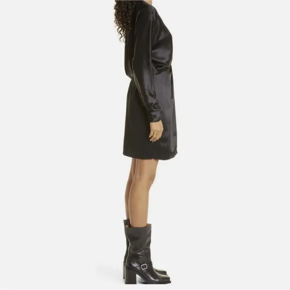 rag &amp; bone  Black Silk Satin &quot;Eloise&quot; Gathered Ruched V Front Mini Dress