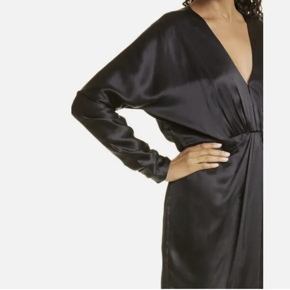 rag &amp; bone  Black Silk Satin &quot;Eloise&quot; Gathered Ruched V Front Mini Dress