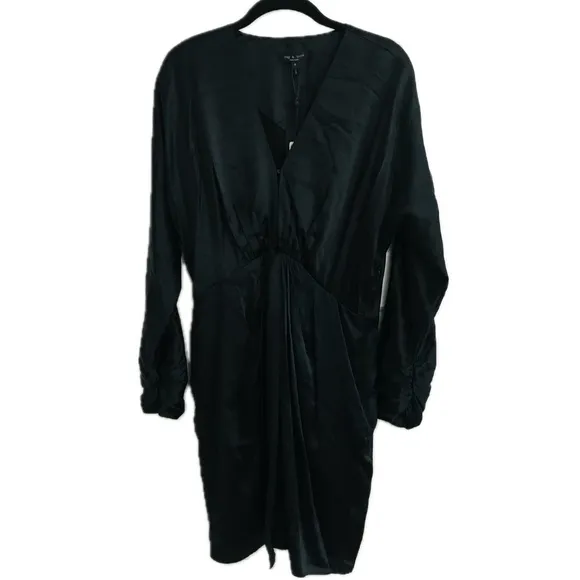 rag &amp; bone  Black Silk Satin &quot;Eloise&quot; Gathered Ruched V Front Mini Dress