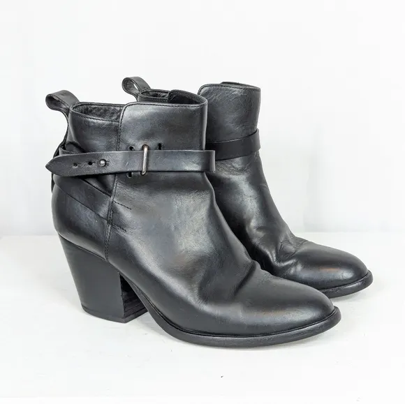 Rag &amp; Bone Dalton Smooth Leather Black Heeled Wrap Ankle Booties Boots