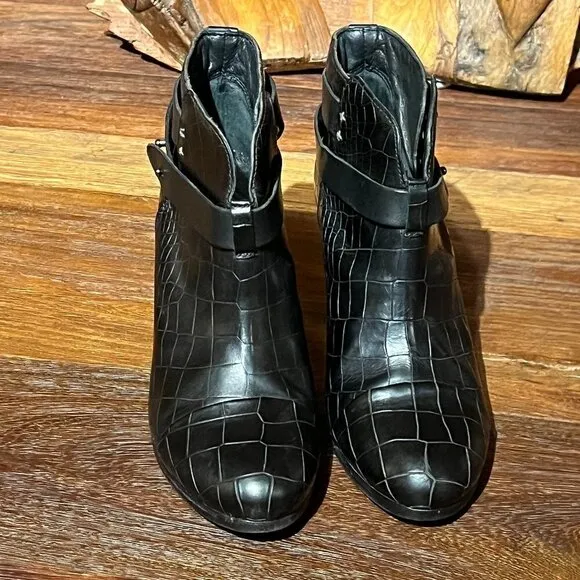 Rag &amp; Bone Harrow Crocodile Embossed Leather Block Heel Ankle Boots 38.5 8.5
