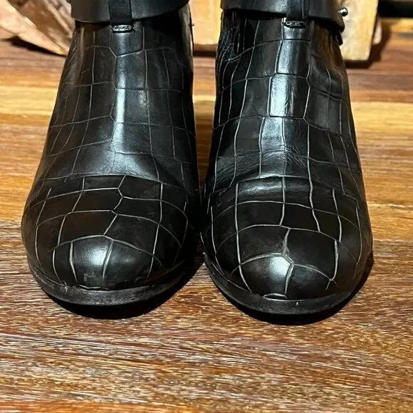 Rag &amp; Bone Harrow Crocodile Embossed Leather Block Heel Ankle Boots 38.5 8.5