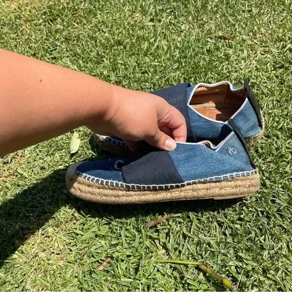 Rag &amp; Bone Nina Blue Denim Leather Jute Slip-On Espadrilles Size 38 / 7.5