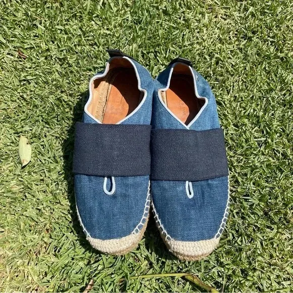 Rag &amp; Bone Nina Blue Denim Leather Jute Slip-On Espadrilles Size 38 / 7.5