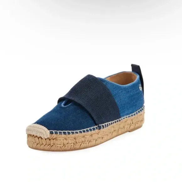 Rag &amp; Bone Nina Blue Denim Leather Jute Slip-On Espadrilles Size 38 / 7.5
