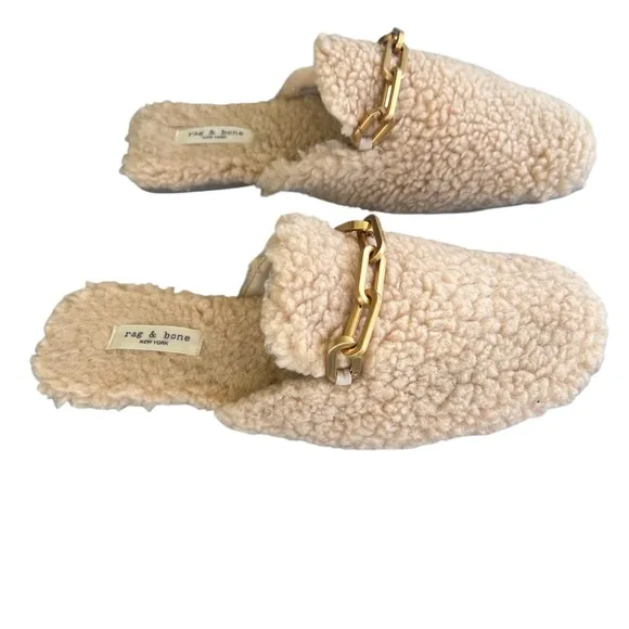 Rag &amp; Bone Sherpa Mules Slides – Size 39 (Fits 8–8.5), Gold Chain Detail