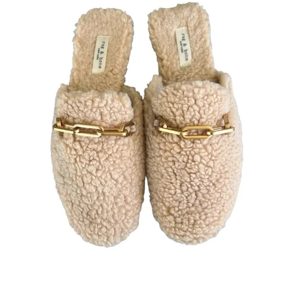 Rag &amp; Bone Sherpa Mules Slides – Size 39 (Fits 8–8.5), Gold Chain Detail