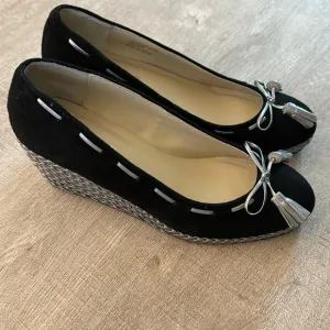 Ralph Lauren Cambree Suede Metallic Espadrilles Wedges Black Size 6.5