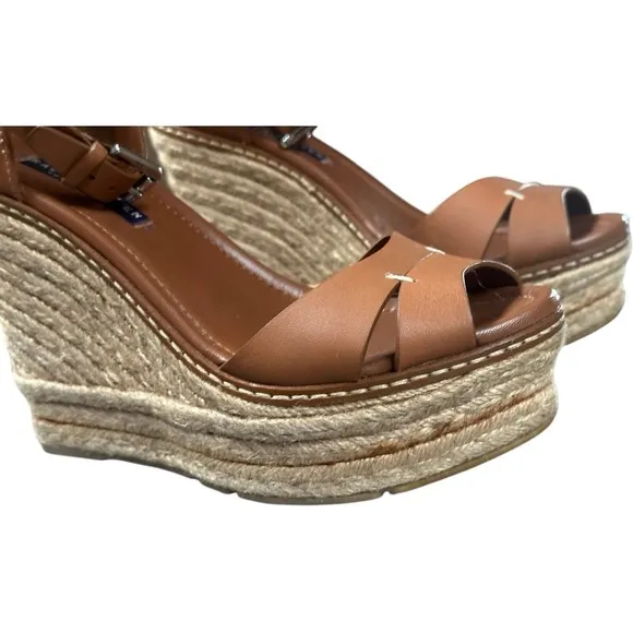 Ralph Lauren Collection Purple Label Wedge Brown Leather Espadrilles, Size 9.5