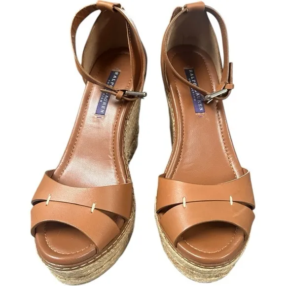 Ralph Lauren Collection Purple Label Wedge Brown Leather Espadrilles, Size 9.5