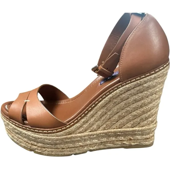 Ralph Lauren Collection Purple Label Wedge Brown Leather Espadrilles, Size 9.5