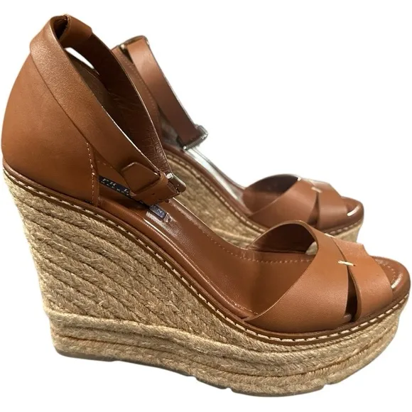 Ralph Lauren Collection Purple Label Wedge Brown Leather Espadrilles, Size 9.5