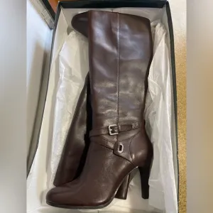 Ralph Lauren Dk Brown Burnished Calf Leather Becca Heels Wide Calf Boots  10M