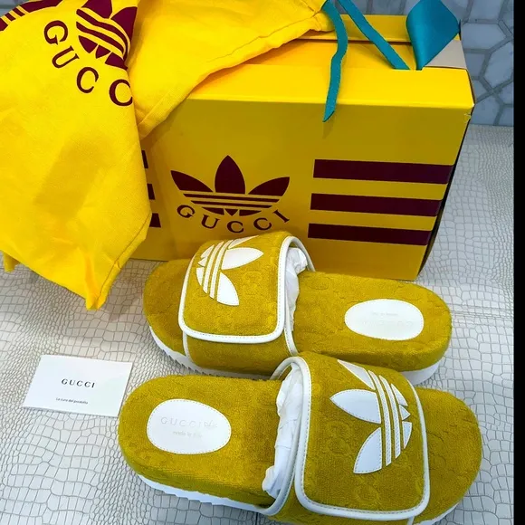 Rare Gucci x Adidas Men's GG Platform Sandal &quot;YELLOW&quot; Cotton Sponge Si…