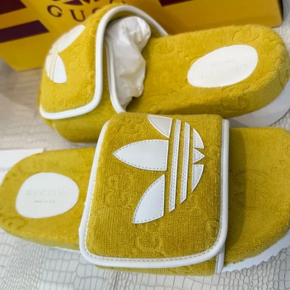 Rare Gucci x Adidas Men's GG Platform Sandal &quot;YELLOW&quot; Cotton Sponge Si…