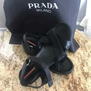 Rare Vintage Prada Black Leather &amp; Canvas Sandals with Dust Bag