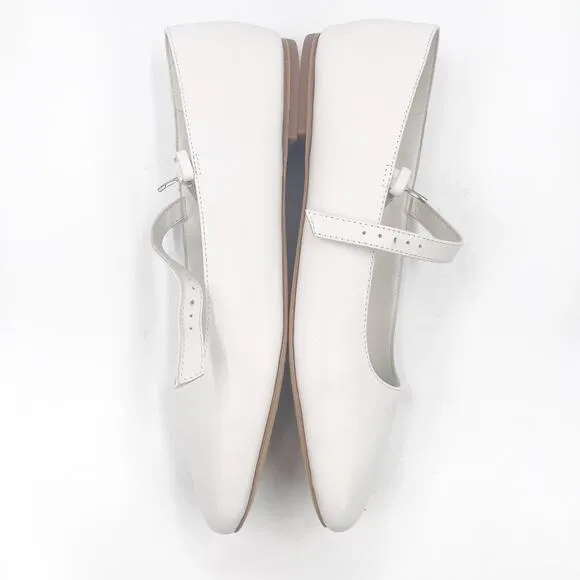 Raye Lin Flats Mary Jane White Leather Square Toe Strap Front Slip On Sz 10