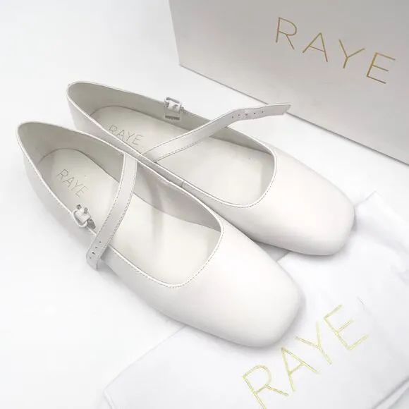 Raye Lin Flats Mary Jane White Leather Square Toe Strap Front Slip On Sz 10