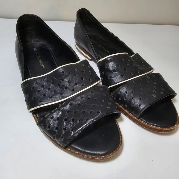 Rebecca Minkoff Black Leather Perforated Open Toe Sandals Flats, sz 8