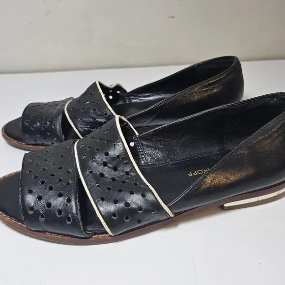 Rebecca Minkoff Black Leather Perforated Open Toe Sandals Flats, sz 8