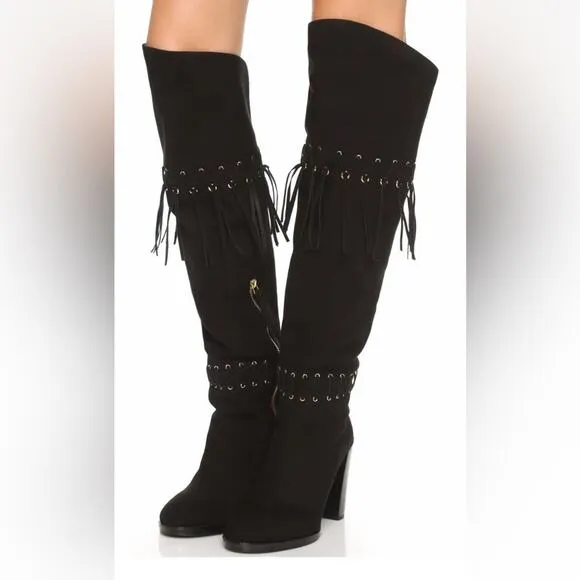 Rebecca Minkoff Women's Bardot Fringe Tall knee high Western Boots black 8.5