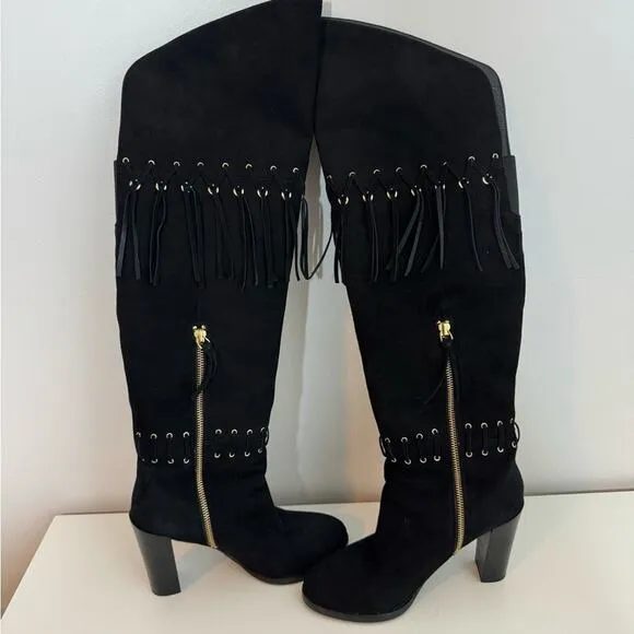 Rebecca Minkoff Women's Bardot Fringe Tall knee high Western Boots black 8.5