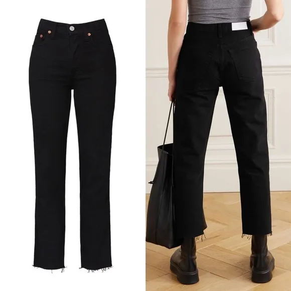 RE/DONE 70s High Rise Button Fly Denim Ankle Fray Cropped Straight Leg Jean 26