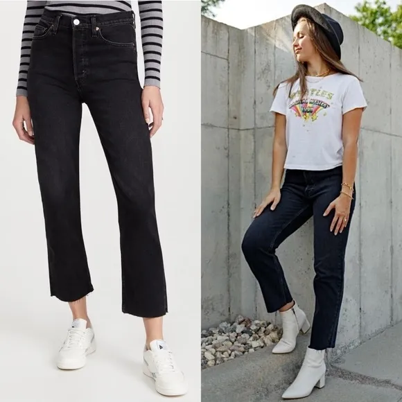 RE/DONE 70s High Rise Button Fly Denim Ankle Fray Cropped Straight Leg Jean 26