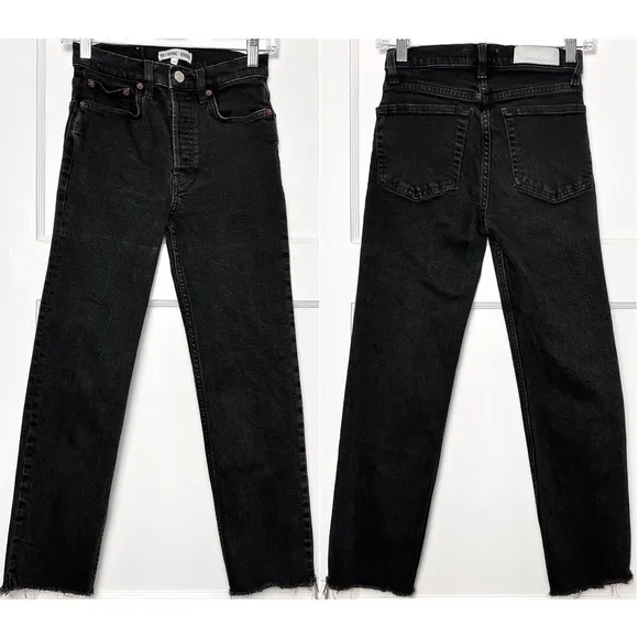 RE/DONE 70s High Rise Button Fly Denim Ankle Fray Cropped Straight Leg Jean 26