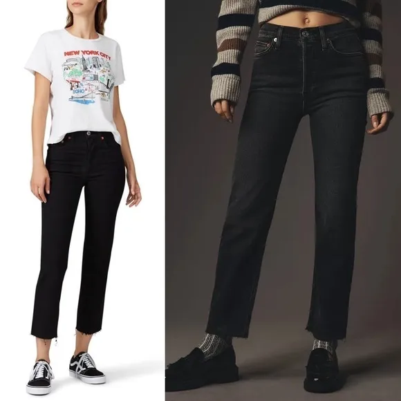 RE/DONE 70s High Rise Button Fly Denim Ankle Fray Cropped Straight Leg Jean 26