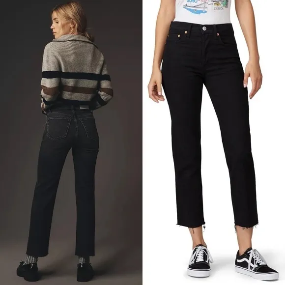 RE/DONE 70s High Rise Button Fly Denim Ankle Fray Cropped Straight Leg Jean 26