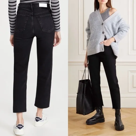 RE/DONE 70s High Rise Button Fly Denim Ankle Fray Cropped Straight Leg Jean 26