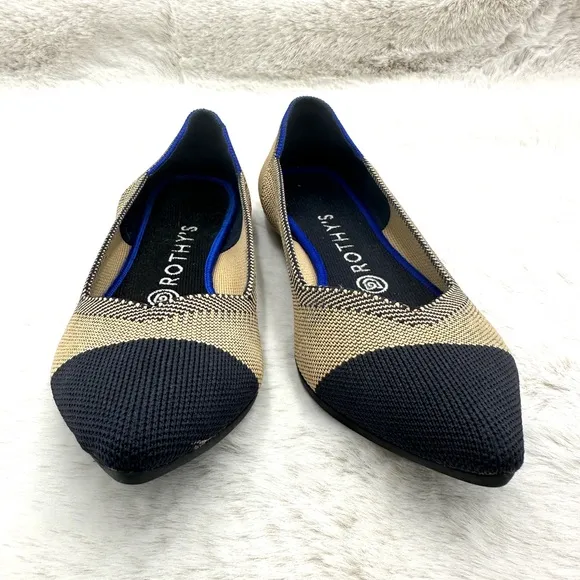 Retired Rothy's Dune Cap Toe The Point Flats Beige Blue Size 8.5
