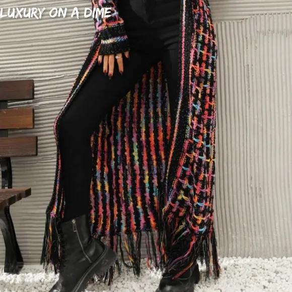 Retro Knit Bold Colorful Fringe Hem Longline Duster Sweater Cardigan Plus Size