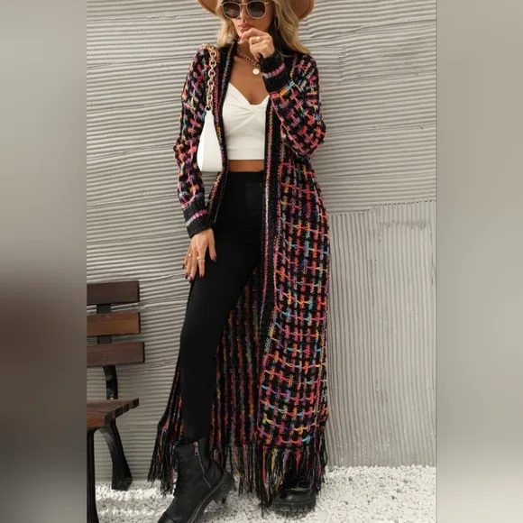 Retro Knit Bold Colorful Fringe Hem Longline Duster Sweater Cardigan Plus Size