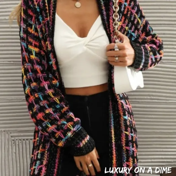 Retro Knit Bold Colorful Fringe Hem Longline Duster Sweater Cardigan Plus Size