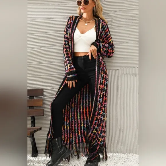 Retro Knit Bold Colorful Fringe Hem Longline Duster Sweater Cardigan Plus Size