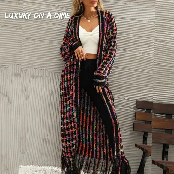 Retro Knit Bold Colorful Fringe Hem Longline Duster Sweater Cardigan Plus Size