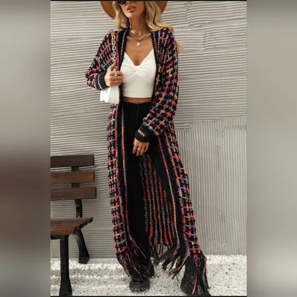 Retro Knit Bold Colorful Fringe Hem Longline Duster Sweater Cardigan Plus Size