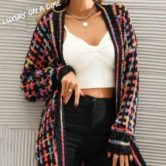 Retro Knit Bold Colorful Fringe Hem Longline Duster Sweater Cardigan Plus Size