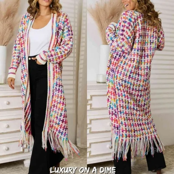Retro Knit Bright Colorful Fringe Hem Longline Duster Sweater Cardigan Rainbow