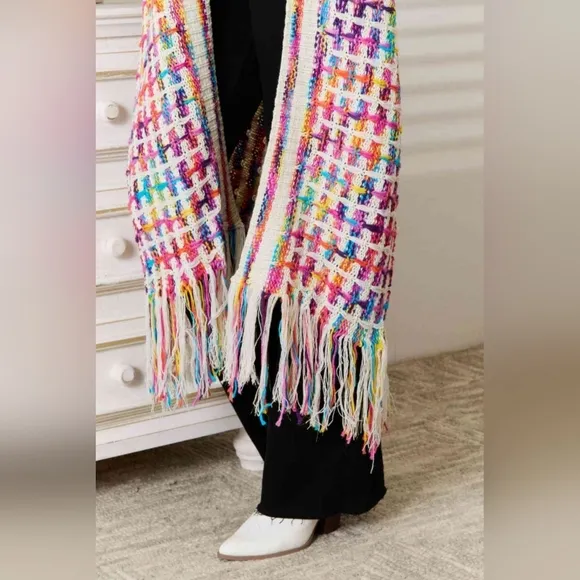 Retro Knit Bright Colorful Fringe Hem Longline Duster Sweater Cardigan Rainbow
